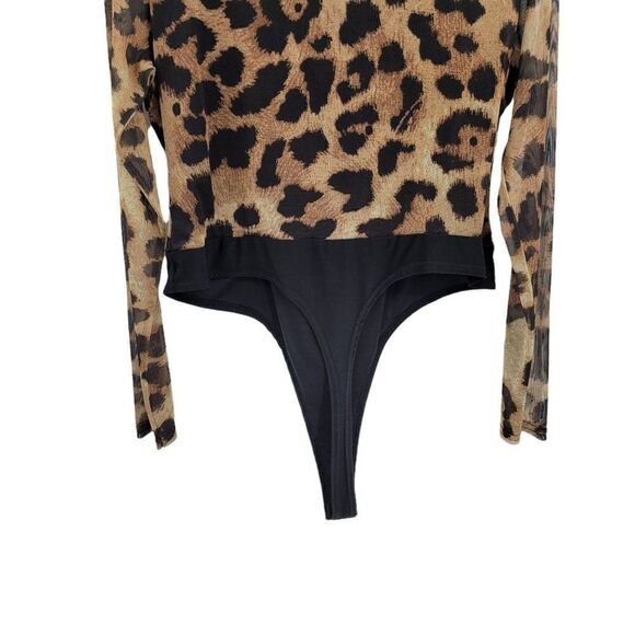 Nasty Gal Bodysuit Leotard Long Sleeve Square Neck Ruched Leopard Brown Sz 14 - Picture 7 of 7